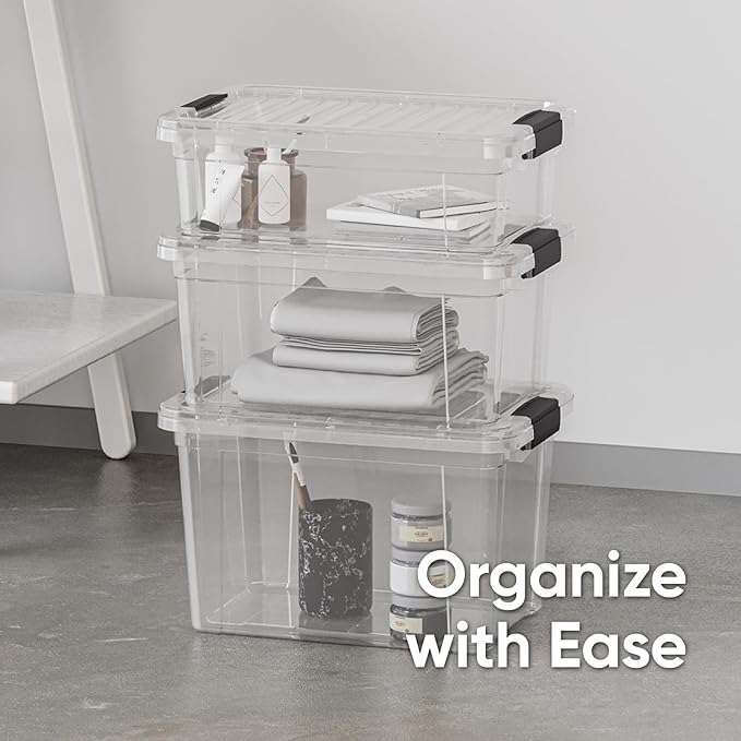 Superio 7.4 Quart Clear Plastic Storage Bin with Lid, Stackable Organizer Box, BPA-Free Storage Container for Home, Garage, School & Office, 4 Pack