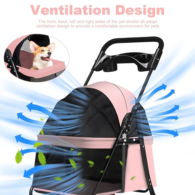 4‑Wheel Foldable Pet Stroller, Travel Strolling Cart for Small & Medium Dog | Breathable Visible Mesh Window, Cup Holder & Storage Basket, Rear Wheel Dual Brake, Portable Folding Design Pink