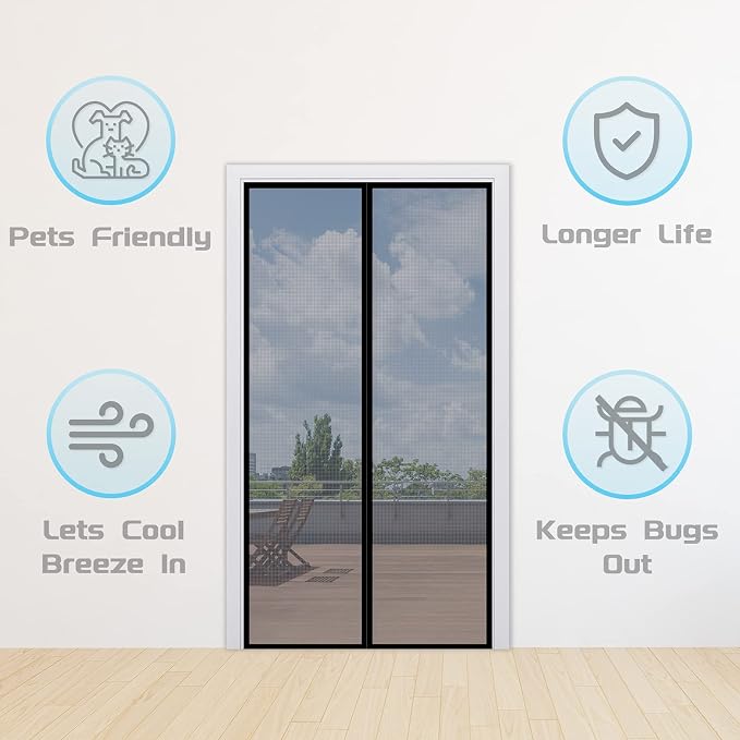 TheFitLife Fibreglass Magnetic Screen Door, Heavy Duty Mesh Curtain | 36"x83" - Fits Doors up to 34"x82" Max, Gray, with Full Frame Hook & Loop Powerful Magnets, Pet & Kid Friendly, Hands Free