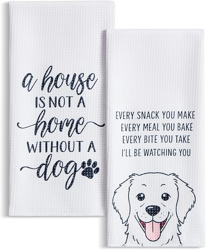 Set of 2 Waffle Weave Kitchen Towels, 380 GSM Absorbent Quick-Dry Microfiber Dish Towels, Funny Dog Tea Towels, 18 x 30 Inches, Gift for Dog Lovers, Kitchen Decor