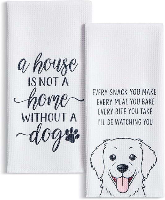 Set of 2 Waffle Weave Kitchen Towels, 380 GSM Absorbent Quick-Dry Microfiber Dish Towels, Funny Dog Tea Towels, 18 x 30 Inches, Gift for Dog Lovers, Kitchen Decor