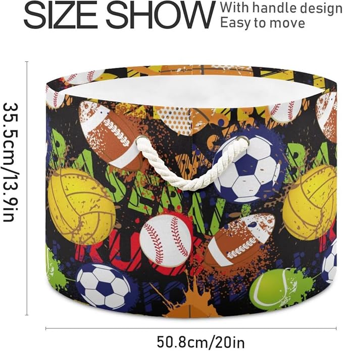 Sport Ball Print Collapsible Round Storage Basket with Handles | Basketball Baseball Large Laundry Baskets Hamper, Clothes Organizer Bin for Bedroom Living Room Decor, 20x 20x 14 Inches