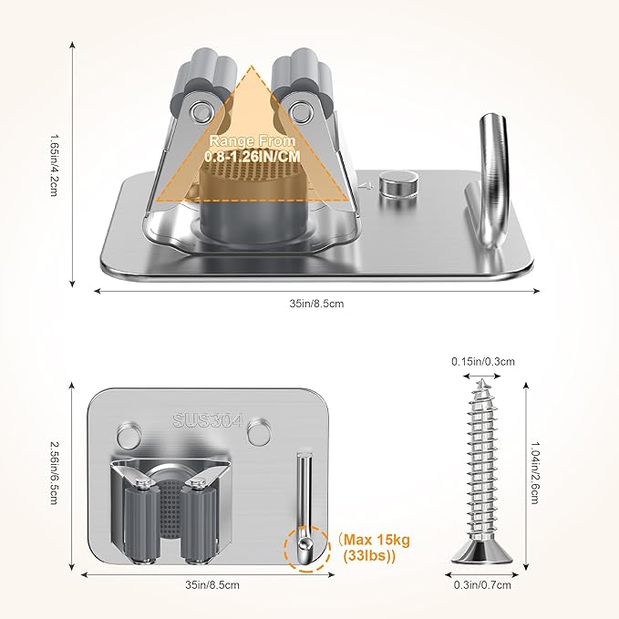 4 Pack Stainless Steel Heavy Duty Broom Holder Wall Mount with Hook, Silver | Screw Drilling Mop and Broom Hanger, Single Storage Rack for Laundry Garage Closet Garden Tool Organizer