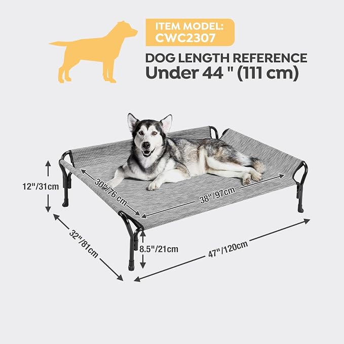 Veehoo Cooling Elevated Dog Bed, Raised Dog Cot with Guardrail & Headrest | Washable Dog Couch Bed for Indoor & Outdoor, Durable Breathable Teslin Mesh, Non-Slip Feet, Large 47" x 32", Black Silver