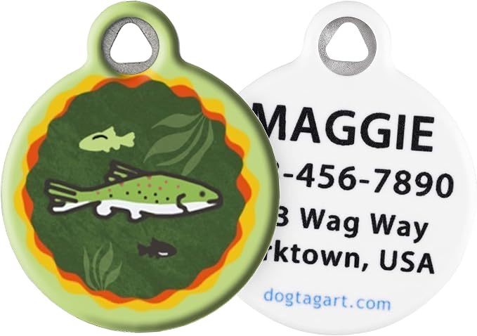 Brook Trout Lupine Pattern Pet ID Tag for Dogs and Cats, Silent Polymer Coated Stainless Steel Nametag Complements Lupine Leash and Collar Patterns - Small .875" Diameter
