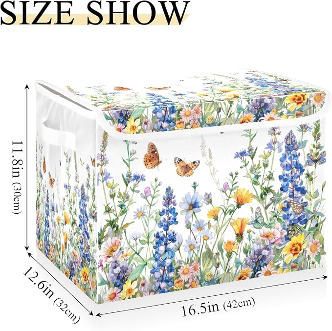 senya Flower Baskets Collapsible Storage Bins with Lids, Watercolor Wildflowers Spring Storage Boxes Clothes Baskets for Organizing, B06D22020