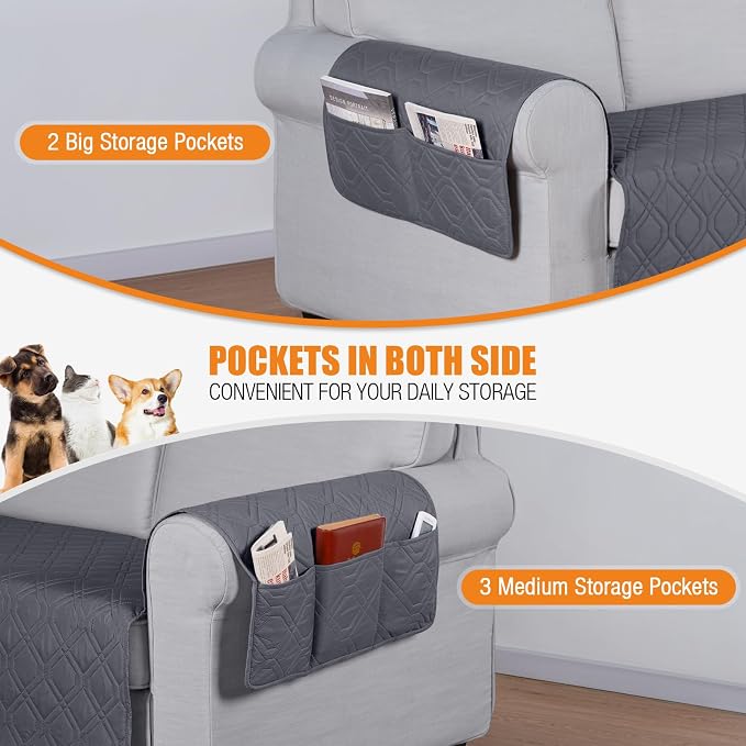 VANSOFY Waterproof Couch Cover for Pets, Dark Gray, 72.4" | Non-Slip, Washable, Utility Pockets, Pet Friendly, Furniture Protector Slipcover for 3 Cushion Plus Couch