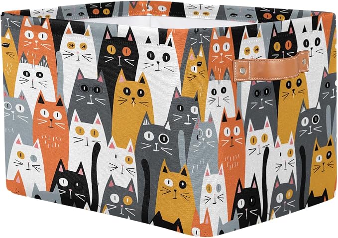 AUUXVA Storage Basket Cute Animal Cat Pattern Storage Cube Box Durable Canvas Collapsible Toy Basket Organizer Bin with Handles for Shelf Closet Bedroom Home Office