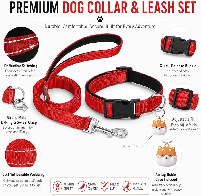 Reflective Soft Neoprene Padded Matching Dog Collar with Leash Airtag Holder Case Set Safety Breathable Adjustable Nylon Dog Collars for X-Small Small Medium Large Dogs-Red-XS