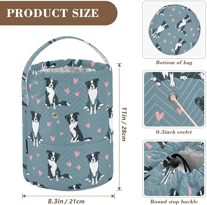 Fustylead Cute Border Collie Dog and Pink Hearts Crochet Drawstring Organizer, Large Yarn Bag Storage Tote Basket for Crocheting On The Go, Kit Holder, Gift for Knitter, Crochet Beginner
