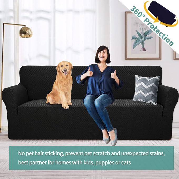 YEMYHOM Couch Cover Latest Jacquard Design High Stretch Sofa Covers for 3 Cushion Couch, Pet Dog Cat Proof Slipcover Non Slip Magic Elastic Furniture Protector (Sofa, Black)