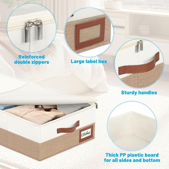 Under Bed Storage Container Bins 2 Pack, Low Profile Foldable Underbed Clothes Storage Organizer W/ Ultra Thick Fabric and Sturdy Bottom/Sides, Dual Zipper Storage Box for Dorm and Home 30x16x6.7"