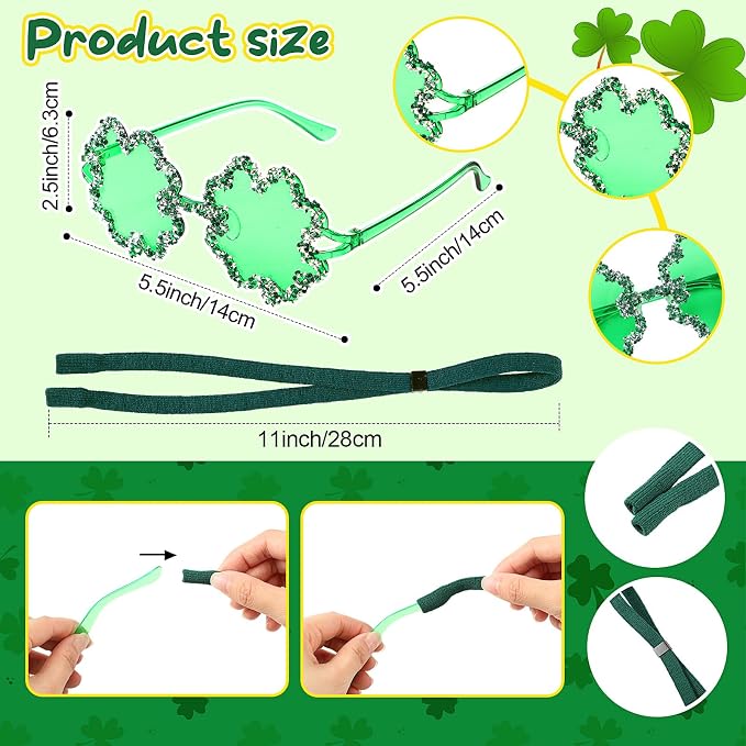 St. Patrick's Day Dog Sunglasses with Adjustable Strap, Green Shamrock Pet Glasses Accessory for Medium Large Dogs Cats, Irish Festival Parade Costume & Photo Prop(4 Leaf Clover)