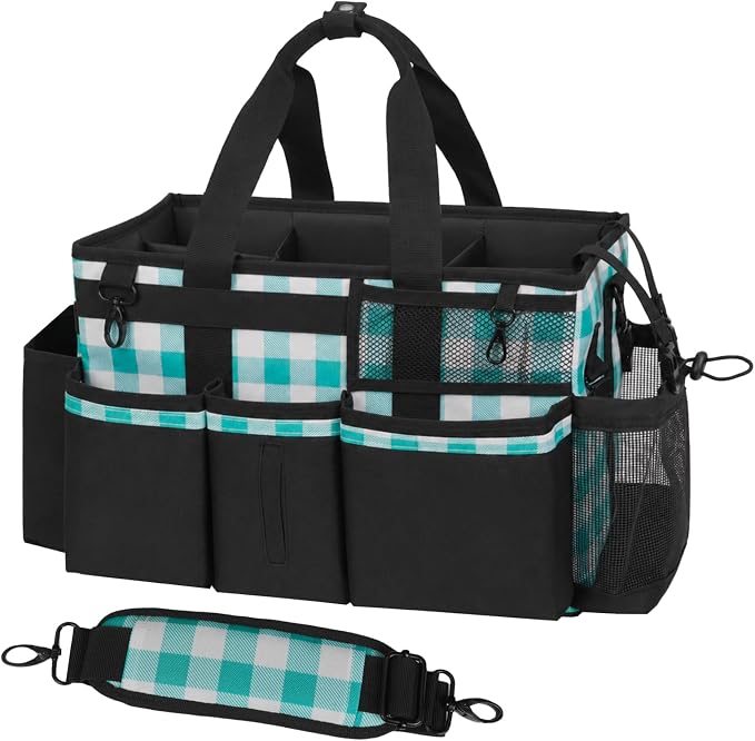 SCAVATA Wearable Cleaning Caddy, Cleaning Caddy Supplies Organizer with Handle & Shoulder Straps for Housekeepers, Under Sink & Car Cleaning Tool Organizers Bag with 4 Foldable Divider (BluePlaid)