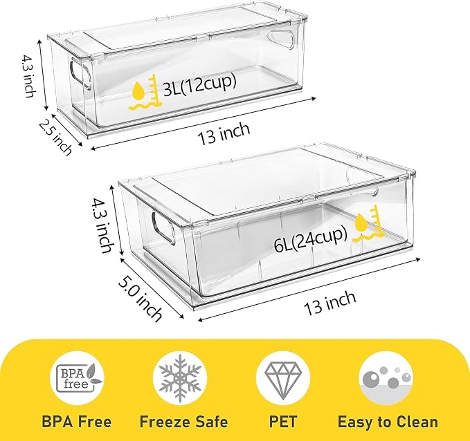 Refrigerator Organizer Bins with Pull-out Drawer 6 Pack Stackable Clear Fridge Drawer Organizer Fruit Vegetable Storage Containers for Kitchen Pantry Organization (2 Small)