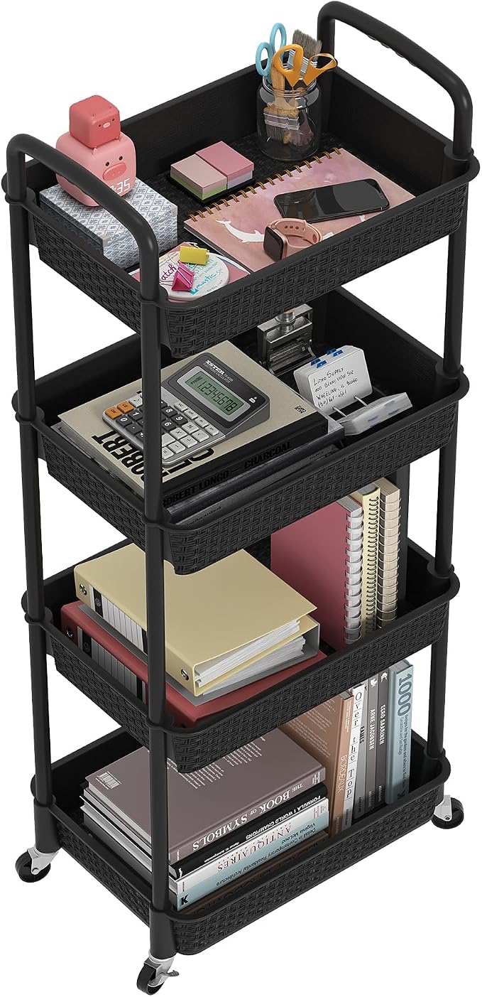 MOYIPIN 4-Tier Plastic Rolling Utility Cart with Handle, Black | Utility Storage Cart for Office, Living Room, Kitchen,Movable Storage Organizer，Easy installation，Rattan-like art design