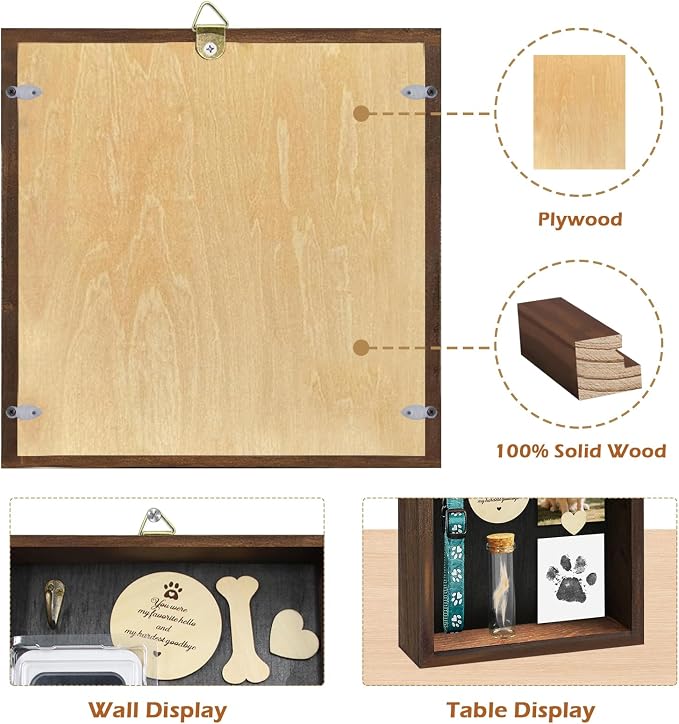 8.6'' Pet Shadow Box Memorial Gift with 1.8in Depth, Rustic Collar Holder Picture Frame Paw Print Kit Dog Cat Wooden Sculpture Pet Ashes Fur Jar Rainbow Sympathy Gift Tabletop Wall Hanging