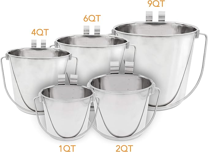 Fuzzy Puppy Flat Sided Pail with Dual Hooks, Snugly Fit On Dog, Cat and Critter Crates & Cages, Heavy Duty Stainless Steel | 1 Quart, (PN: FSP-1)