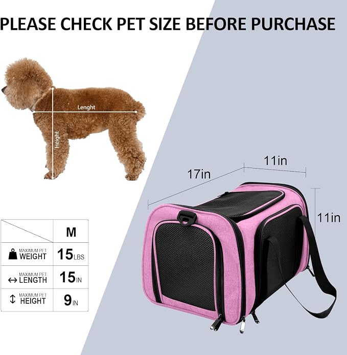 Henkelion Pet Carrier for Small Medium Cats Dogs Puppies up to 15 Lbs, TSA Airline Approved, Soft Sided, Collapsible Travel - Pink (Pack of 2)