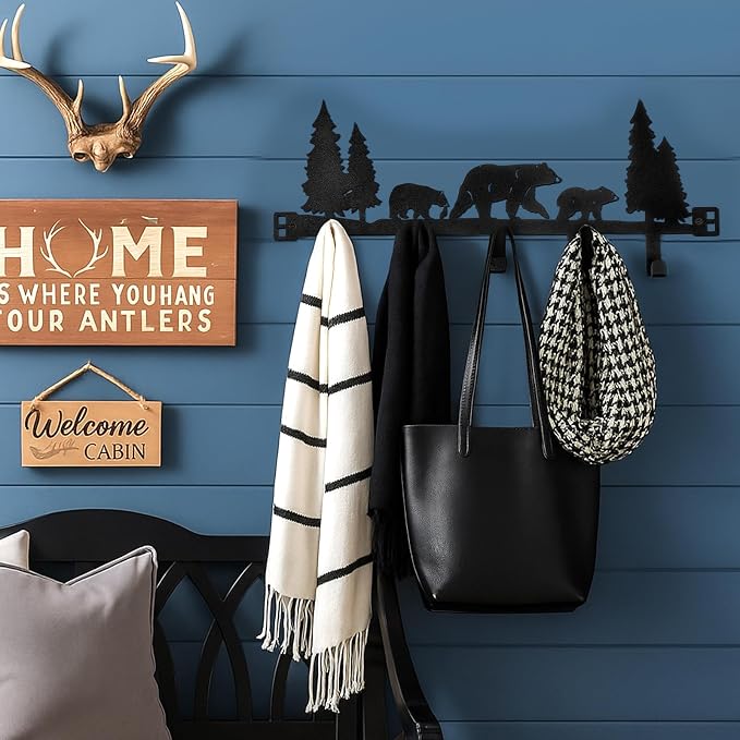 AceOrbit Cabin Bear Over The Door Hooks Hanger 5 Hooks Rustic Decor | for Bedroom Bathroom, Organizes Towels Hats Clothes, Farmhouse Decor, Over the Door for Kids