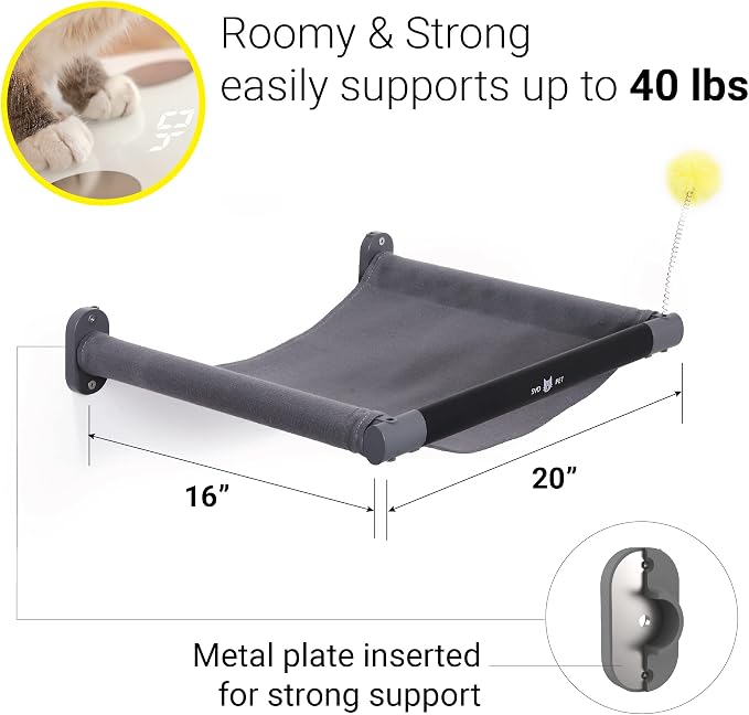 Cat Hammock Wall Mounted with Toy, Soft Padded & Comfortable Cover Premium Wall Furniture. Modern Design Cat Shelf. Supports up to 40 lbs (Comfy Plus, Dark Grey)