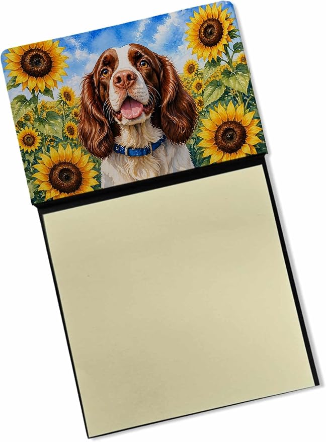 Caroline's Treasures English Springer Spaniel in Sunflowers Watercolor Sticky Note Holder Refillable Dispenser Desk Accessory 3x3 Pad Gift