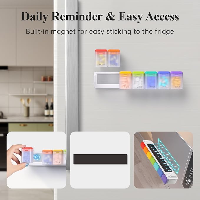KOVIUU Weekly Pill Organizer, Magnetic Medicine Vitamin Case 1 Time a Day | Week Once Daily Supplement Box, Removable Medication Container Holder for Fridge, 7 Day Large Travel Pill Dispenser, White