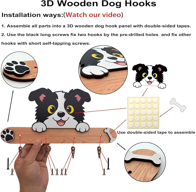 3D DIY Wooden Dog Leash Holder Wall Decoration, Cute Puppy Design Harness Wall Mount Hanger Organizer with 4 Hooks for Entryway Door Bathroom Kitchen Home Decor, Keys, Collars, Pet Lover Gift