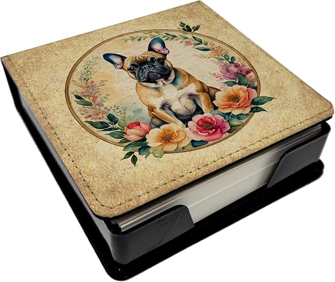 Caroline's Treasures Fawn French Bulldog and Flowers PU Leather Note Paper Holder with Artist-Designed Cover, Desk Accessory, Office Gift