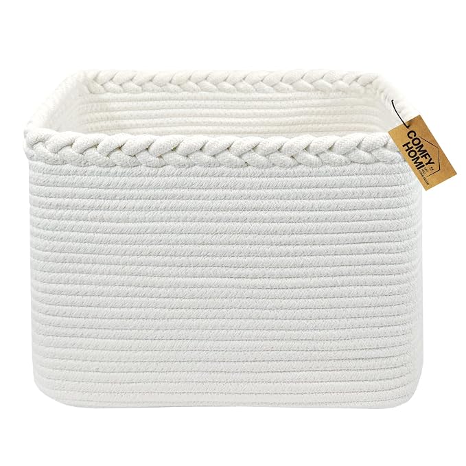 COMFY-HOMI Cotton Rope Woven Basket with Handles for Shelves,Toys,Book, Cloth Storage Baskets Bin for Organizing- 1 PCSToy Decorative Organizer for Living Room, Bathroom
