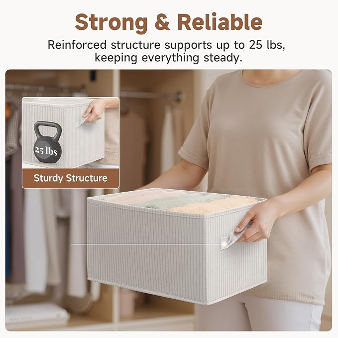 StorageWorks Shelf Organizer Bins, Beige Stripes, 3-Pack, Large | Foldable Shelf Organizer Bins, Closet Storage Baskets for Clothes, Fabric Storage Bins for Shelves
