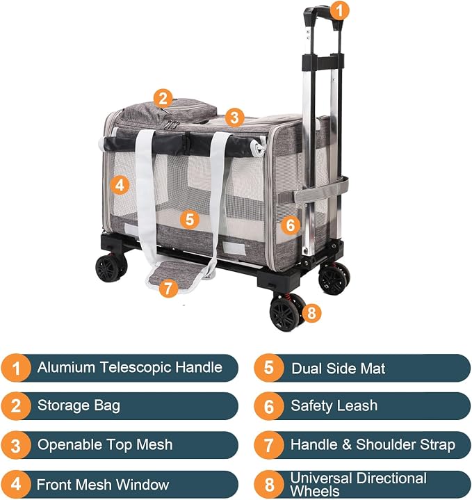 Pet Carrier with Wheels - Soft-Side Wheeled Cat Carrier for Dogs with Telescopic Handle, Collapsible Rolling Pet Travel Bag Carrier for Large Cats Small Medium Dogs for Camping Vet Visiting Grey