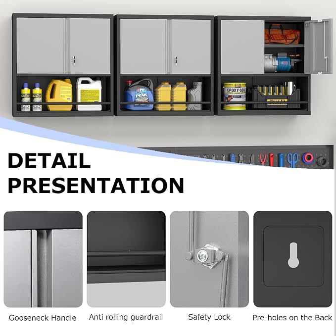 Metal Cabinet Wall Mounted, Garage Wall Cabinets with Doors & Adjustable Shelves, Steel Floating Hanging Storage Cabinet, Metal Locking Cabinet for Bathroom, Office, Warehouse