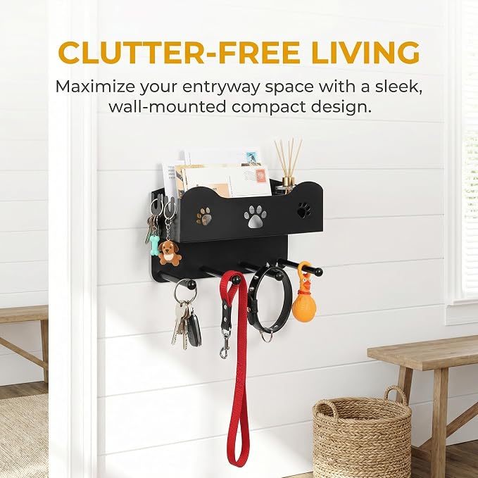 Dog Leash Holder for Wall, Dog Accessories Organizer with 4 Hook, Black Dog Leash Hanger with Shelf Storage, Metal Wall Mounted Key Holder for Pet Collar, Training Treats, Poop Bag, Home Decor