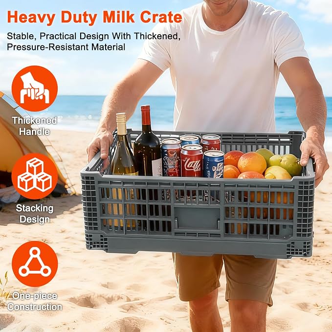 Collapsible Milk Crates 52L, Plastic Folding Storage Crate | with Handle, Heavy Duty Storage Bins for Organizing Tools, Books, Food, Drinks, Camping & Transport