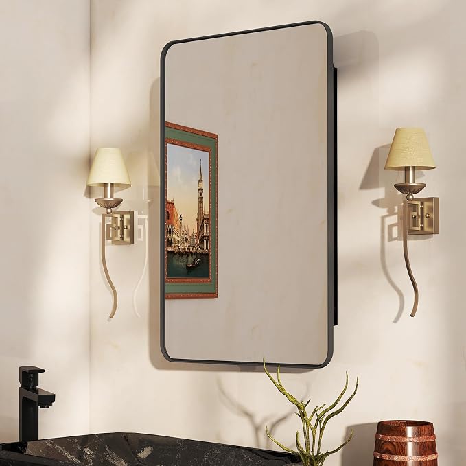 16x27.5 in Bathroom Medicine Cabinet with Mirror, Matte Black | Fully Assembled; Recessed or Surface Wall Mount; Metal Cabinet with Tempered Glass Mirror and Two Adjustable Glass Shelves