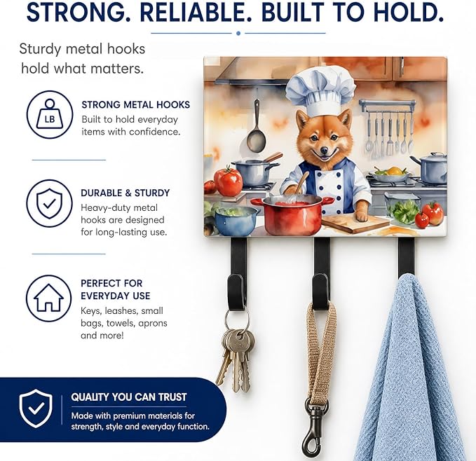Caroline's Treasures Finnish Spitz The Chef Leash or Key Holder Wall Hooks, Key Hooks Holder, Coat Rack Wall Mount, Coat Hooks, Hooks for Hanging Keys, Towels, Aprons, Leashes | Finnish Spitz The Chef artwork on ceramic tile with three steel hooks for ...