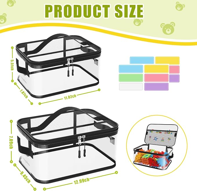 8 Pack Large Clear Toy Storage Bags with Labels, Handles, Zippers, 4L+4XL | Large Capacity, Transparent PVC, Waterproof Dustproof, Space-saving, Portability for Building Blocks, Puzzle, Dolls, Travel