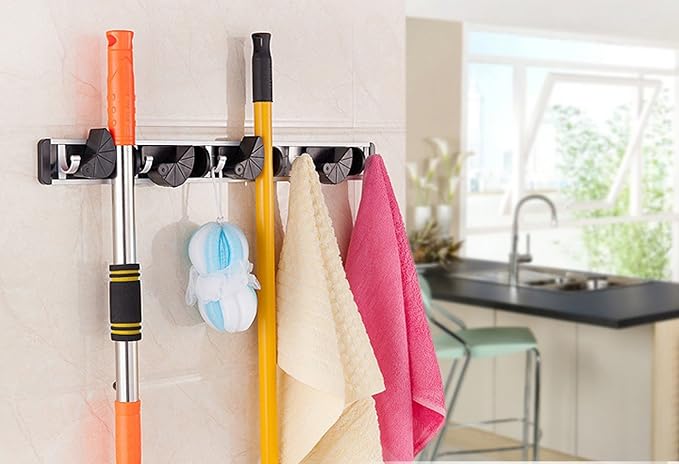 HUJI Wall Mount Broom Clamp Holder 4 Positions Grip Organizer & 5 Hooks Rack Home Kitchen Garage Mop tools Storage Organization System (3, 4 Position Grip Clamp Holder)