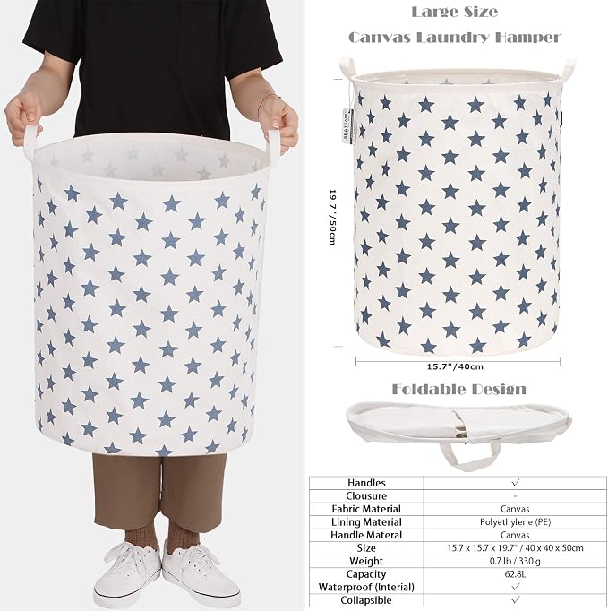 Sea Team Large Canvas Laundry Basket with Handles, Navy Stars | Collapsible Fabric Laundry Hamper, Closet Shelf Organizers, Containers for Clothing, Blankets, Toys, Bedding, 19.7 x 15.7”