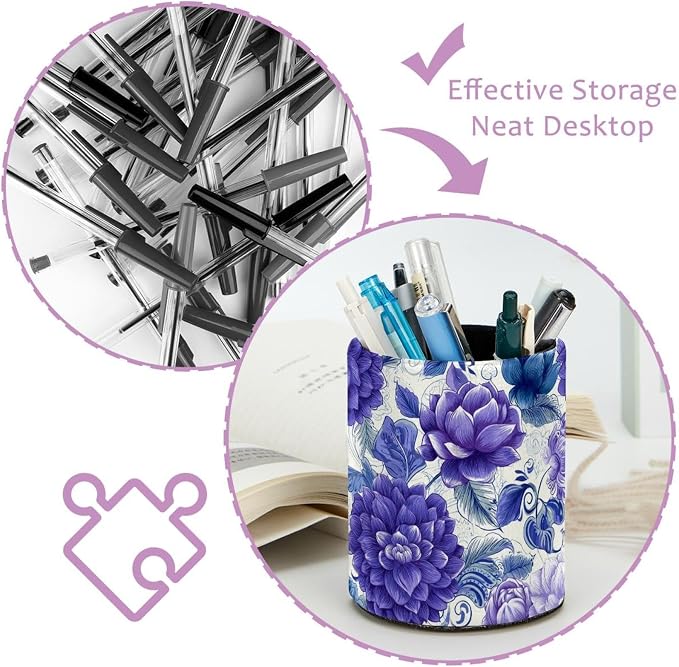 Faux Leather Pen Holder for Desk, Pencil Organizer Purple Flowers Pen Cup Desk Decor Makeup Brush Holder Storage for Office Home