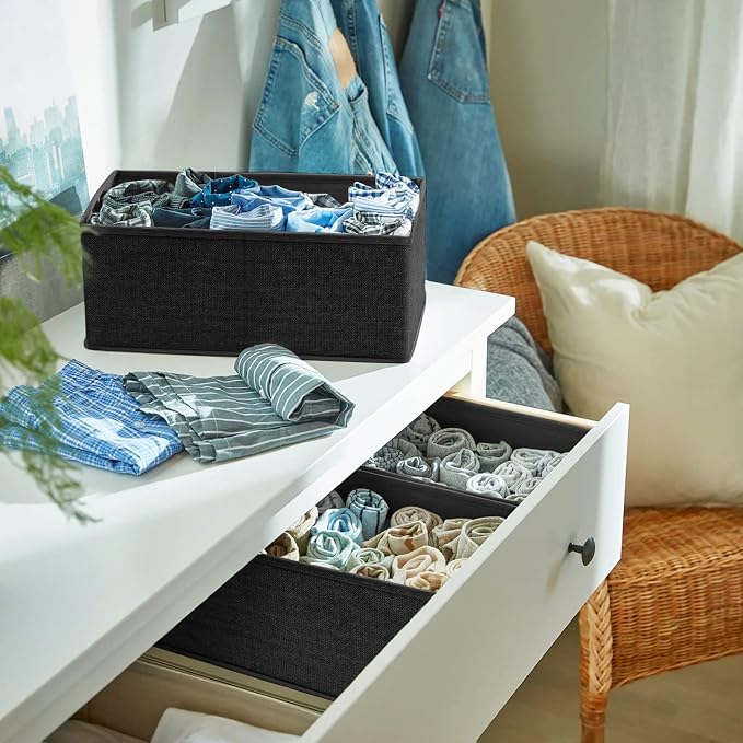 6 Pack Clothes Drawer Organizer Dividers, Fabric Foldable Closet Dresser Drawer Organizer for Clothing, Bra Sock Underwear Drawer Organizer for Nursery Bedroom Organization (6 Bins, Black)
