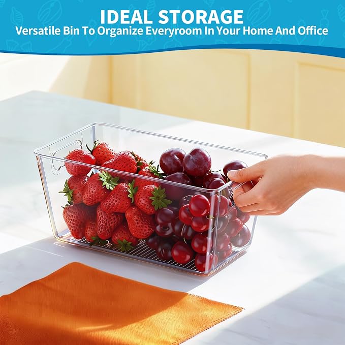 Clear Fridge Organizer Bins with Handles, 6 Pack 9.5×5×4.5 Inch | Clear storage bins with handles, food organizer basket for kitchen, fridge, freezer and bedrooms