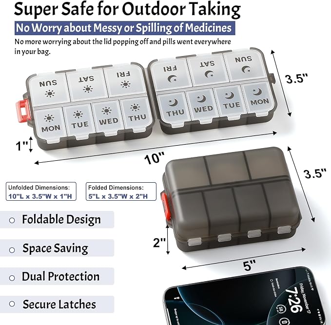 NEW Foldable & Double Protection Portable Weekly Pill Organizer 2 Times A Day with Etched Labels, AM PM 7 Day Week Medicine Box, Daily Travel Pill Case Dispenser for Vitamin, Supplement - Clear Black