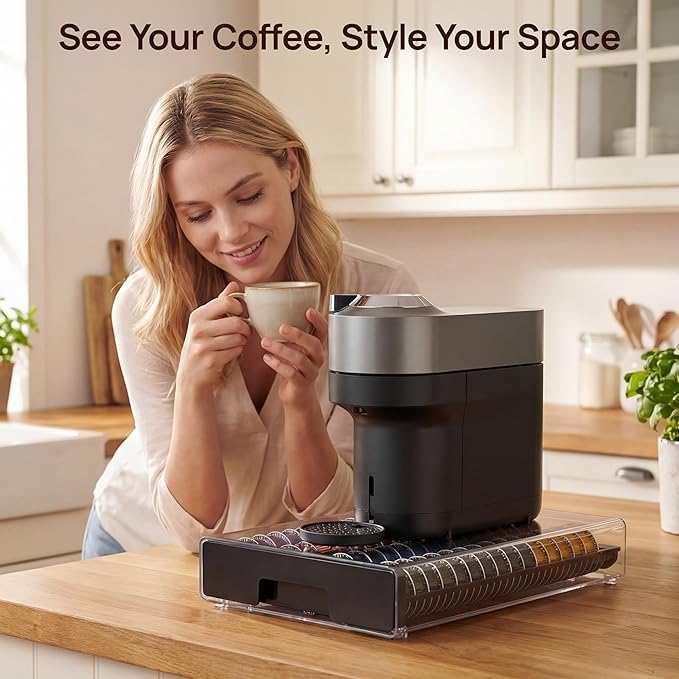 Vtopmart Coffee Pod Drawer Organizer for Nespresso Vertuo Pods | Holds 40 Large or 60 Small Capsules，Clear Acrylic Design, Visible Pod Inventory, Durable & Anti-Slip Drawer