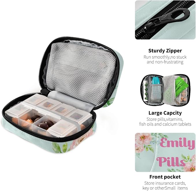 Custom Pill Box 7 Day Pill Case Bag Pink Flowers Watercolor Personalized Name Travel Pill Organizer Bag with Zipper Portable Weekly Case Compact Size for Vitamin Supplement Holder