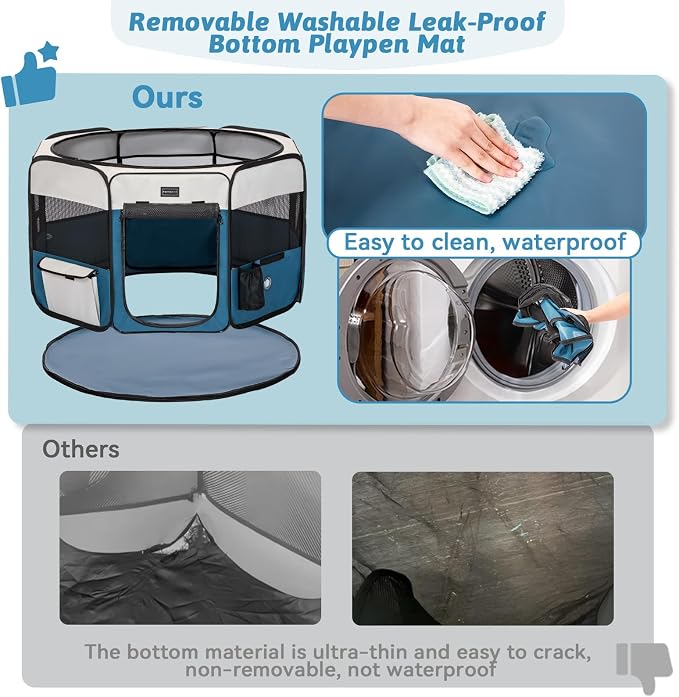 PETSFIT Portable Dog Playpen 45", Removable Waterproof Mat, Zippered Roof | Jump-proof, Collapsible Storage, RV Camping Travel, Indoor Outdoor Use, Large Dogs and Cats, 45.5"L x 45.5"W x 28.5"H