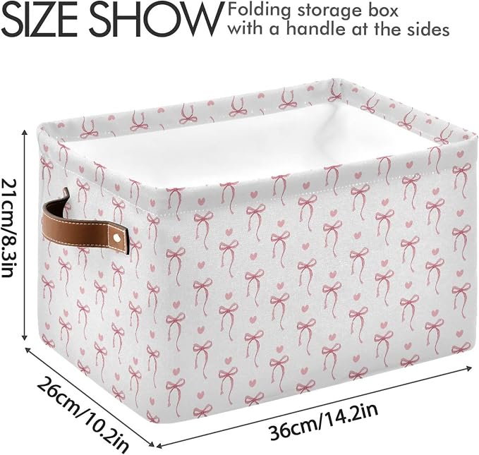 Wamika Pink Ribbon Bow Storage Basket with Waterproof Liner and PU Handles White Bow Tie Cute Storage Bins Boxes 14.2" Collapsible Decorative Organizer Baskets for Bedroom Closet Office 2 Pack