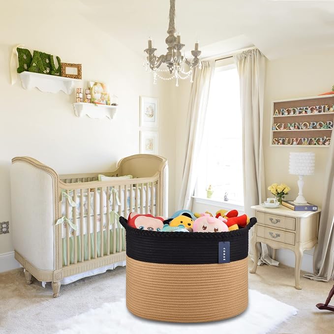COMSE XXXLarge Woven Blanket & Laundry Basket, 87L, Black & Camel | 21.7" x 13.8", Cotton Rope, Nursery Hamper for Storage of Toys Clothes Towels, Ideal for Living Room Bedroom Bathroom
