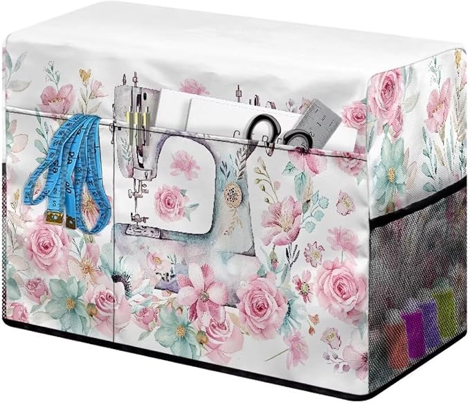 Sewing Flower Sewing Machine Cover with Storage Pockets,Dust & Pet Hair Protection,Fits Standard Singer, Brother and Janome Machines, Protecting & Decorating Your Sewing Space (Pink)